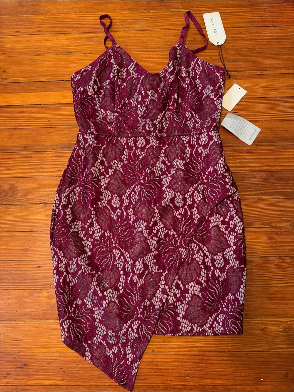 NWT Max+Ash Plum Lace Metallic Asymmetric Slip Mini Dress Size M